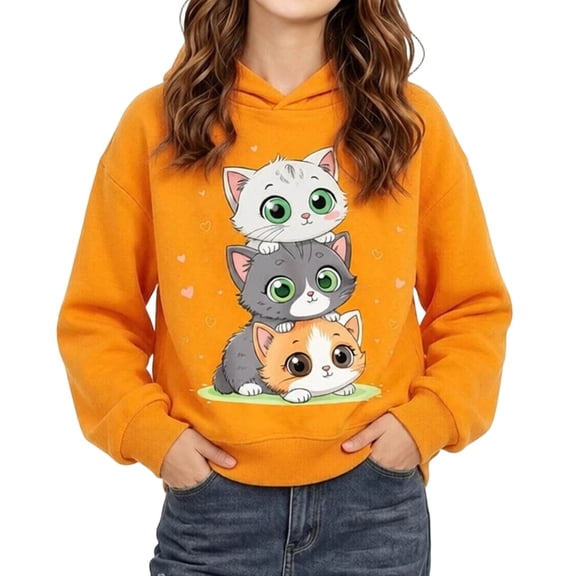 Qingpeng Girls Cartoon Cat Print Hoodie Long Sleeve Pullover Casual Hooded Sweatshirt for Fall