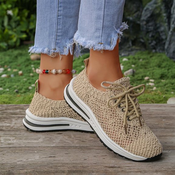 Womens Walking Shoes, Women's Floral Embroidery Lace Mesh Air Cushion Sneakers Lightweight Platform Comfort Casual Tennis Shoes Hollow Out Running Shoes Non-Slip Travel Working Shoes