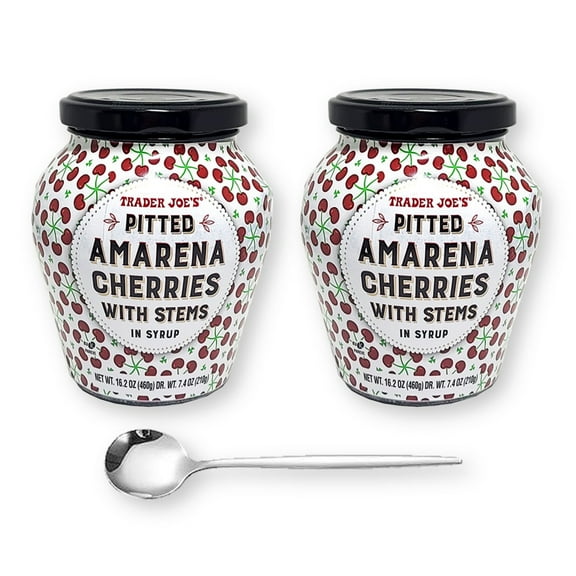 Pitted Amarena Cherries w Stems in Syrup 16.2 Oz X 2 Jars with Stainless Steel Coffee/Tea/Sauce Spoon (3-Pc Set)