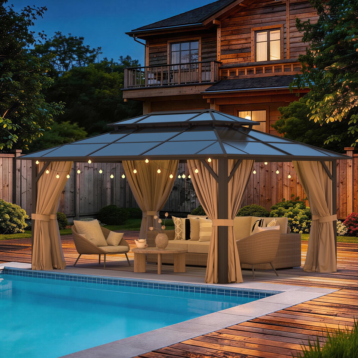 BaPiPro 16x12 FT Outdoor Gazebo, Double Roof Polycarbonate Hardtop, Iron Frame, Bronze Brown, UV Protected, Weather Resistant, for Patio Backyard Deck Lawn
