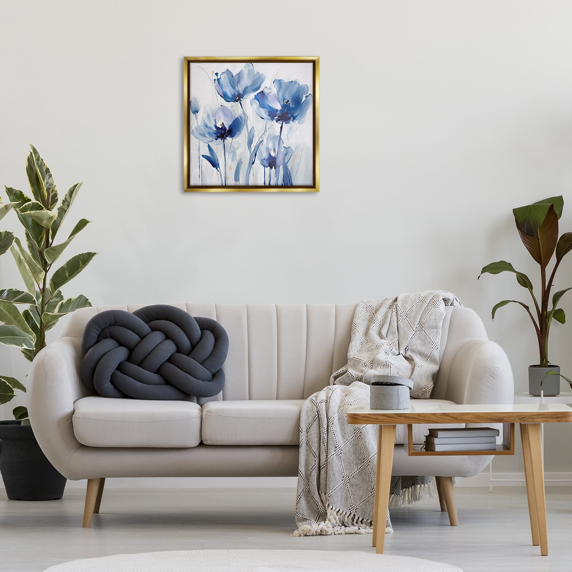 Stupell Industries Blue Abstract Blooms Botanical & Floral Painting Gold Floater Framed Art Print Wall Art, 25 x 25