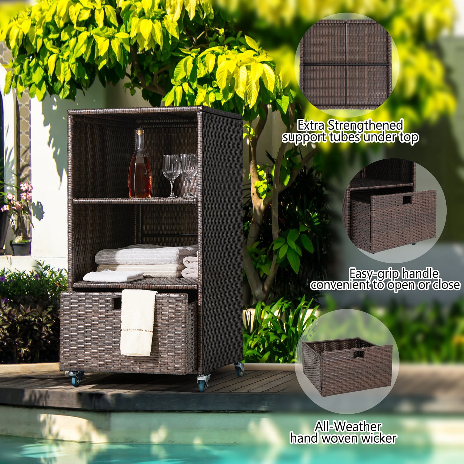 Outdoor Pool Towel Storage Cabinet Organizer Pool Towel Valet Rack with Storage Shelves & Drawer Patio Wicker Pool Towel Holder with Rolling Wheels Poolside Towel Caddy w/Cover for Hot Tub Spa Brown