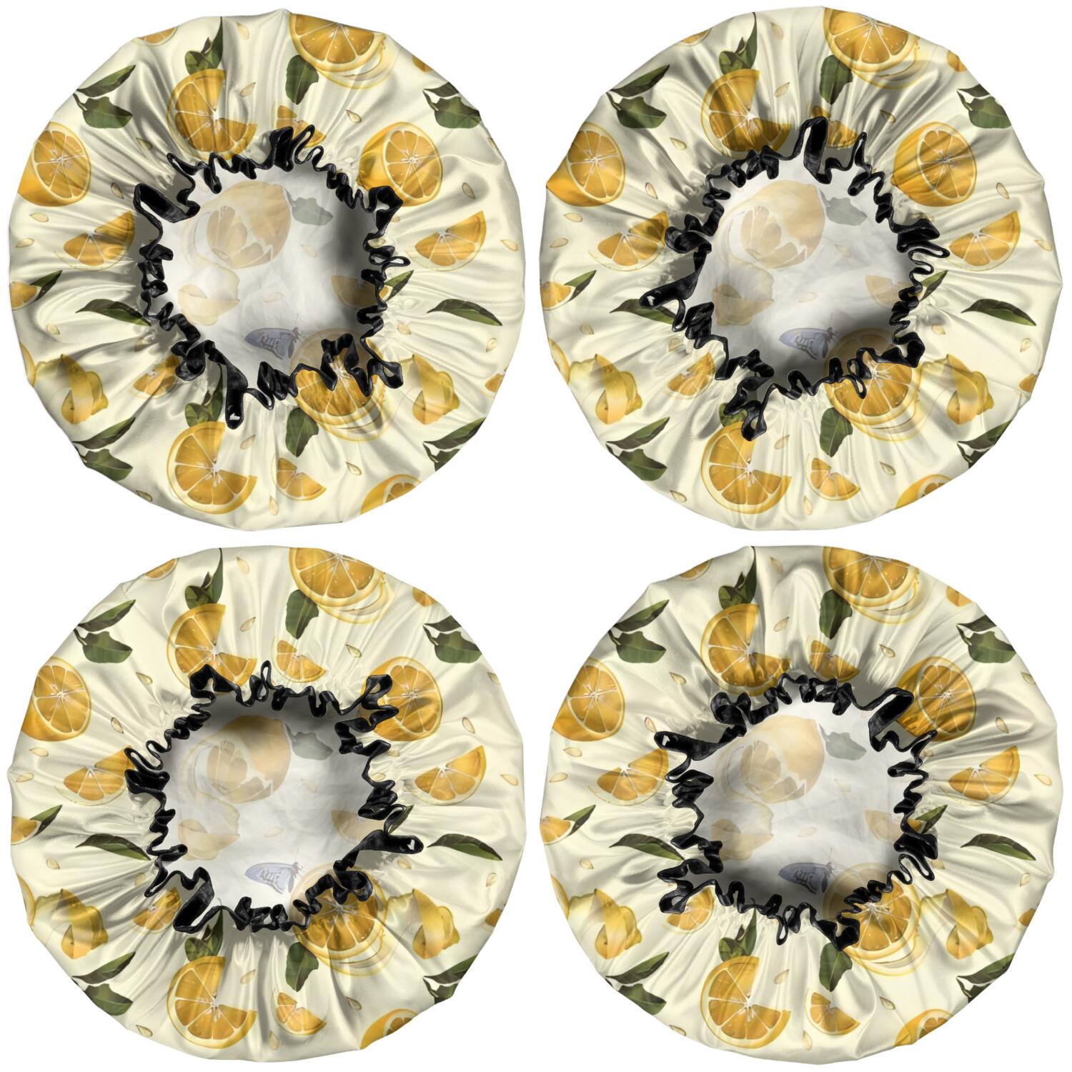 Shower Caps,Yellow Lemon Fruit Slices White Pattern Waterproof Shower Cap for Women 4 Pieces,Double Reusable Hair Cover for Shower PEVA Elastic Stretch Hem