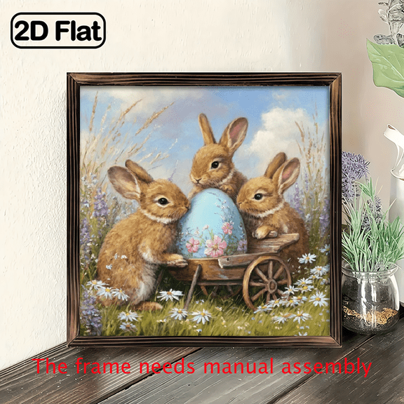 1pc Bunny Gardenwooden framed painting in Garden Wooden Wall Art, Farmhouse Style Decor, 8x8 Inch, Indoor Hanging or Tabletop, for Home.