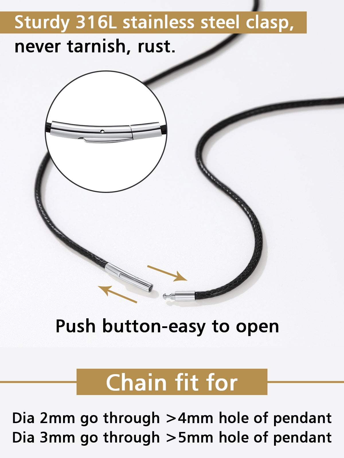 FindChic Black Waterproof Braid Leather Cord Necklace for Men, 2mm/3mm Width 16-30 inch Stainless Steel Chain Necklace Waxed Rope Chain to Match Pendant for Dad Husband, with Gift Box