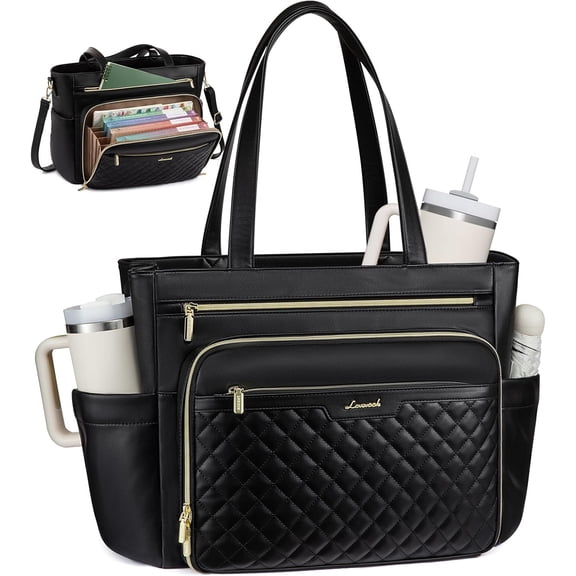 LOVEVOOK Teacher Tote Bag with Accordion File Pocket, Soft PU Leather Work Briefcase Quilted Laptop Bag with Large Cup Holder