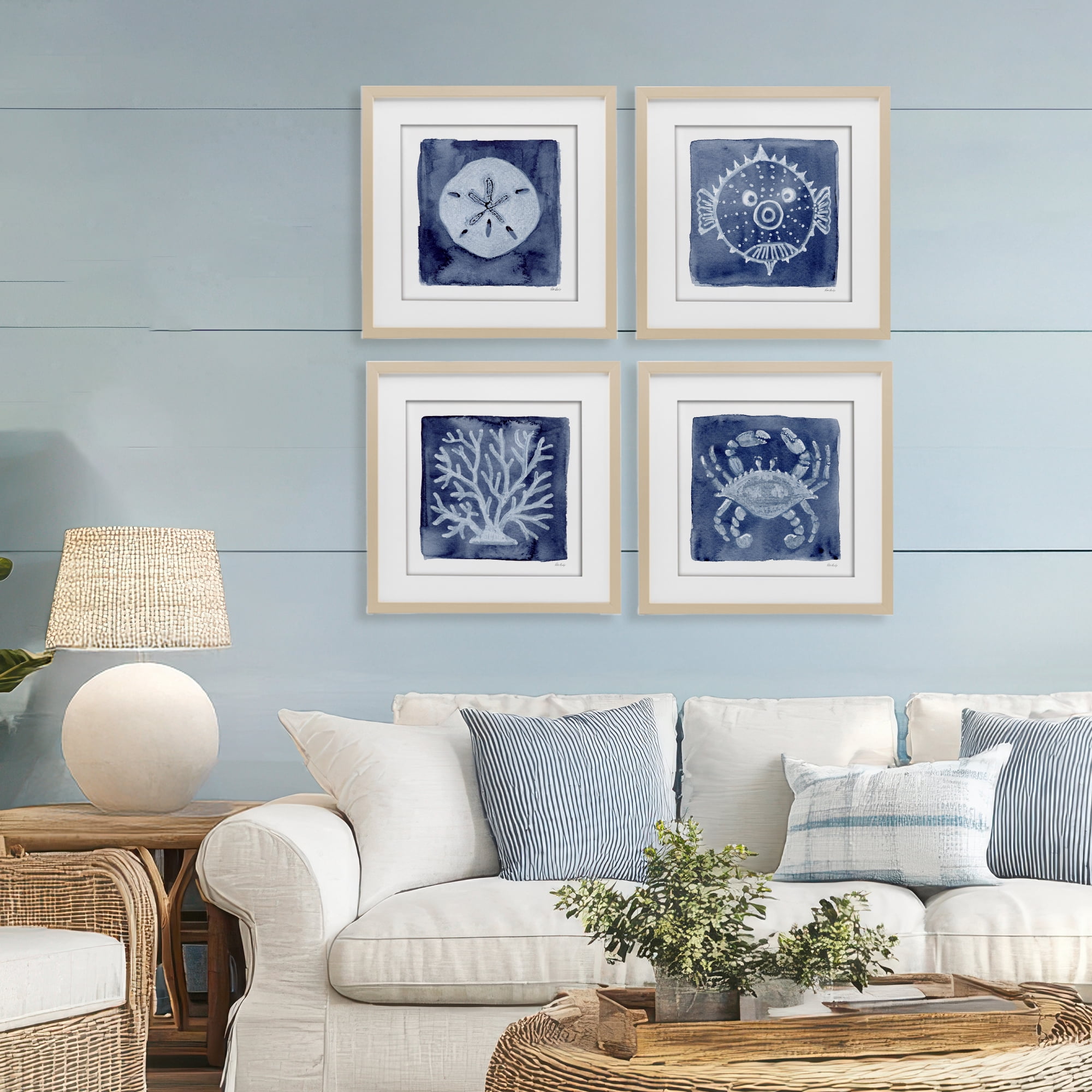 Stupell Industries Aquatic Creatures on Indigo 4 Piece Birch Framed Print Under Glass Set, design by Patti Bishop