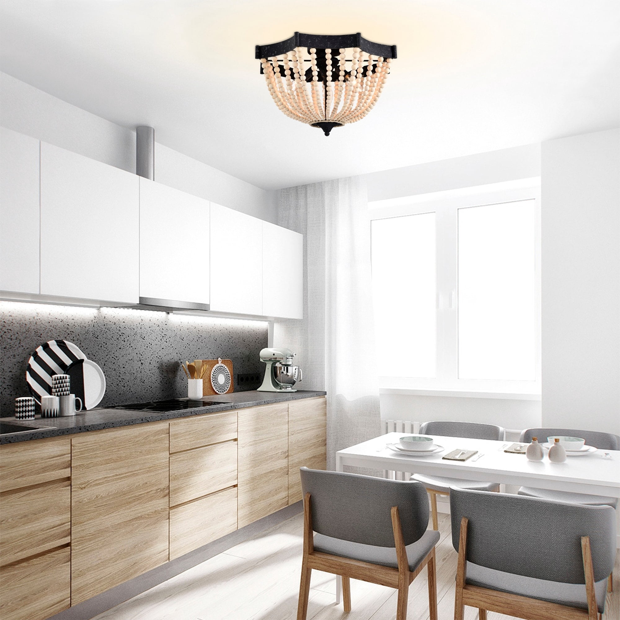 Xasan 19 in. 3-Light Indoor Weathered Black and Beige Finish Semi-Flush Mount Ceiling Light with Light Kit