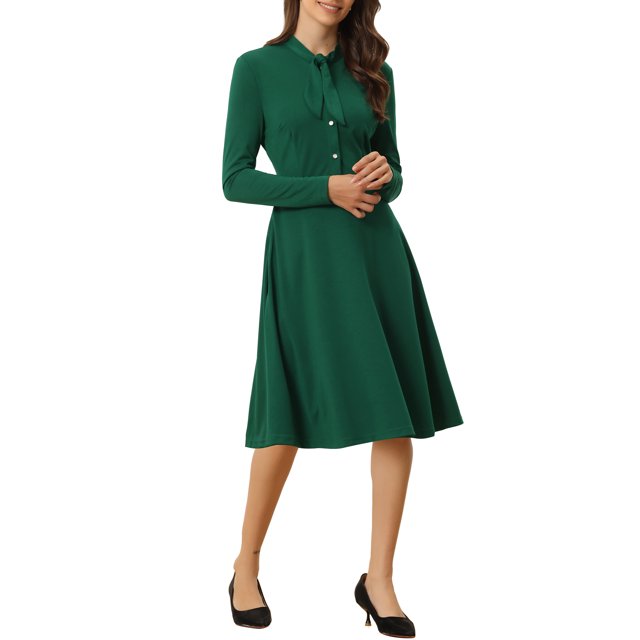 INSPIRE CHIC Robe Midi en Tricot à Manches Longues à Col Noué pour Femme pour le Travail m Vert