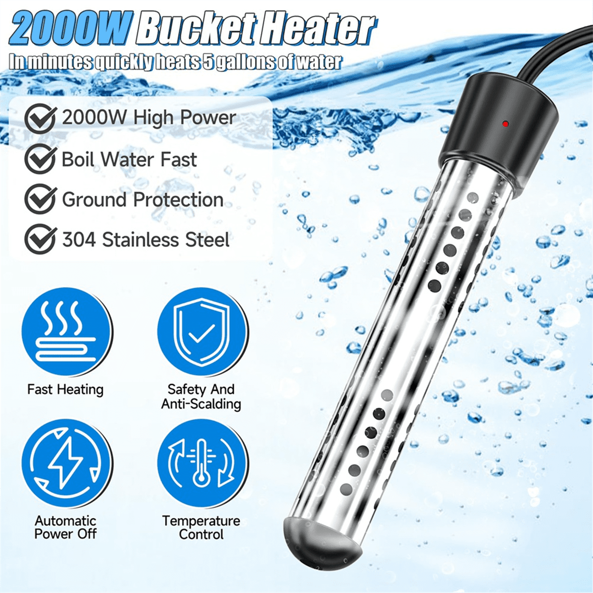 Water Heater,1500W Portable Electric 304 Stainless Heaters,for Pool Tub Buckets Motorhome Camping Outdoor Us Plug,1 x Water heater 1 x Thermometer 1 x Steel Wire Ball,Black
