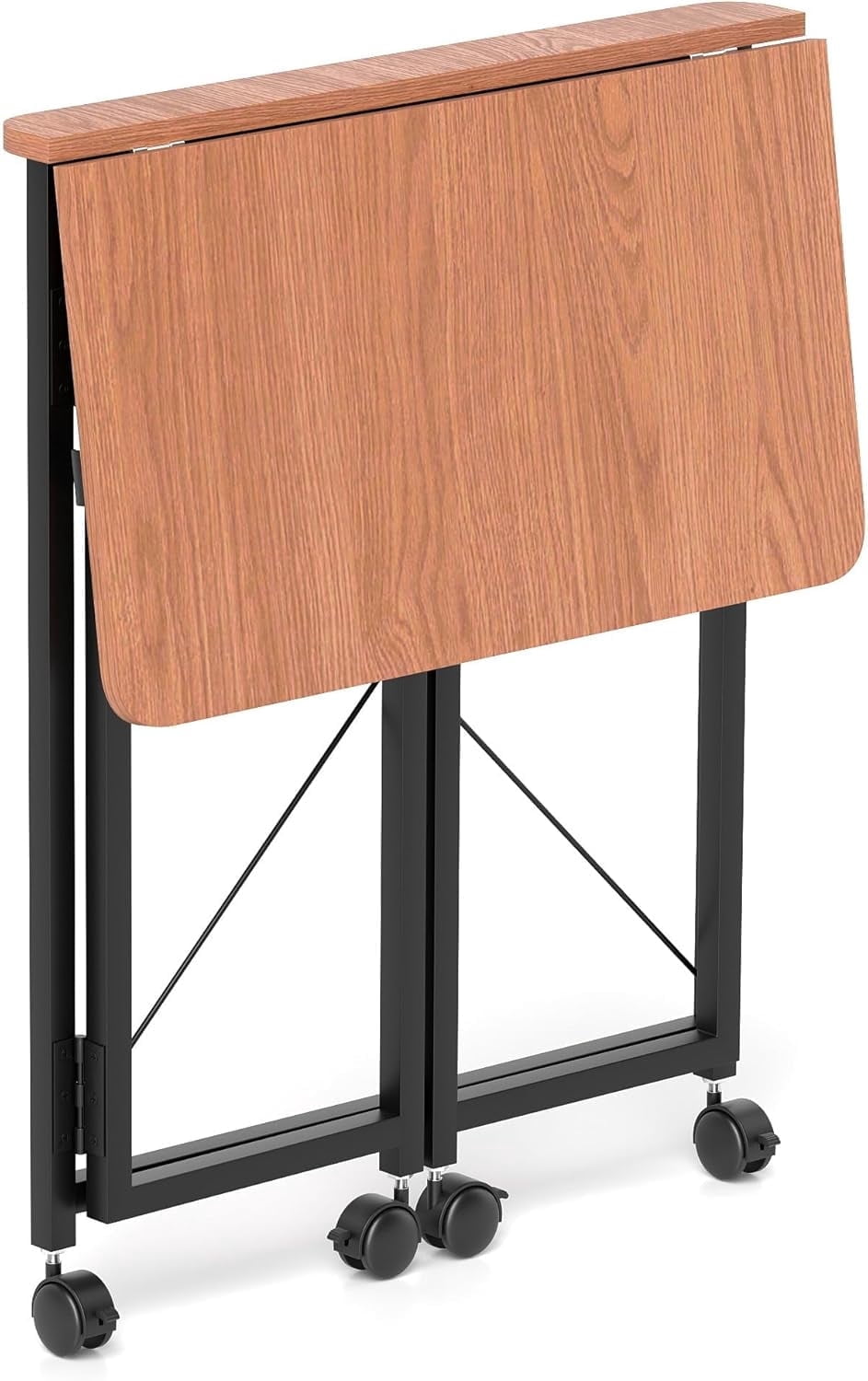 VGBYUJ Folding Desk with Wheels, 23.6" Small Mobile Writing Computer Table, No Assembly, Space Saving Study Desk for Dorm Office Bedroom, Teak Color