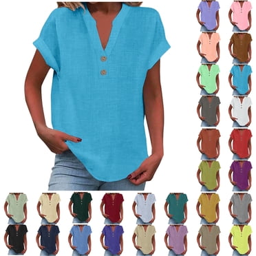 Women Tops Sawvnm Women's Tops Fashion Solid Button Shirt Female V-Neck Loose T-shirt Blouse Blue L