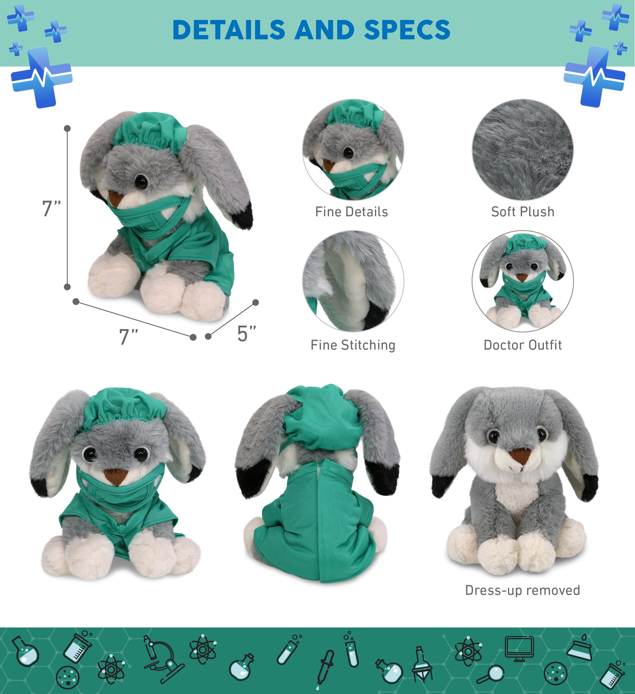 DolliBu Grey Rabbit Doctor Plush Toy - Super Soft Rabbit Doctor Stuffed Animal Dress Up with Cute Scrub Uniform and Cap Outfit - Fluffy Toy Plush Gift for Doctor, Nurse, Surgeon, Dentist - 7 Inch