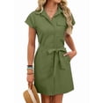 thumbnail image 3 of Women'S Solid Color Casual Button Down Tie Waist Woven Dress Midi Shift Summer Dress Green M, 3 of 9
