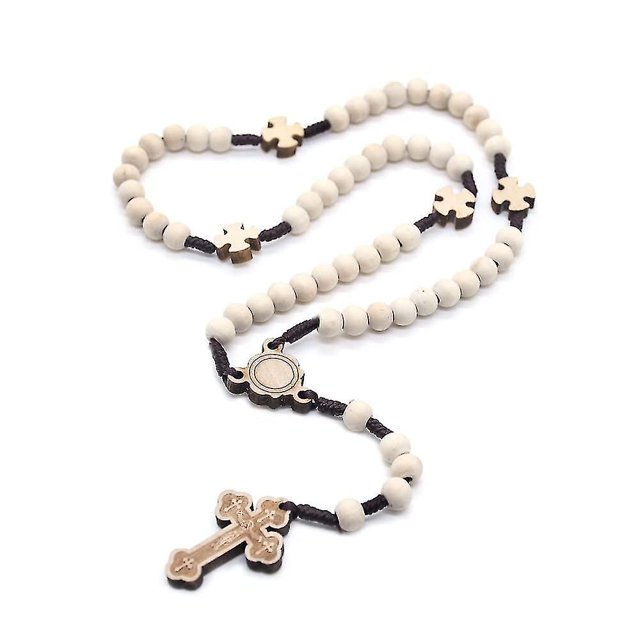 2 uds Rosario de madera cuentas Rosario Católico collar de crucifijo hecho a mano joyería religiosa blanco