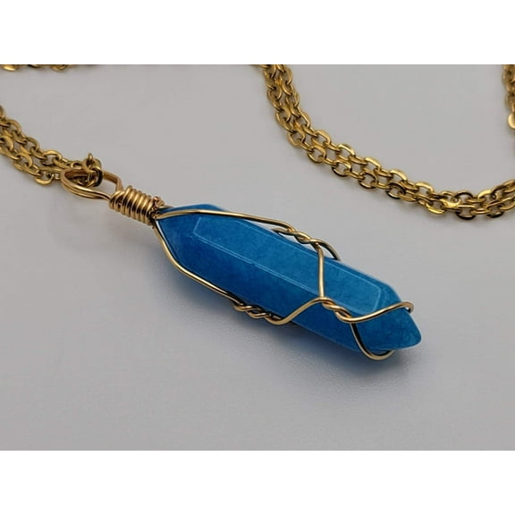 Gold tone Blue Apatite Wire wrapped Crystal Necklace