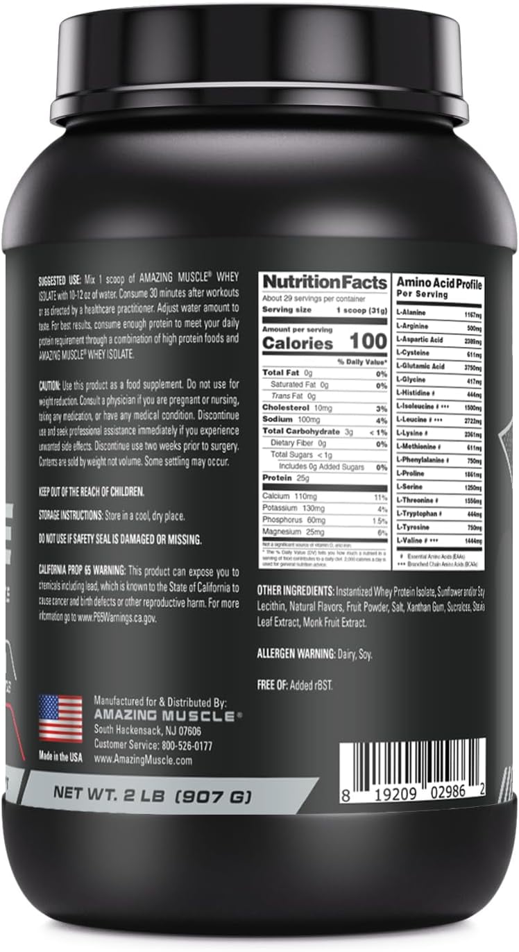 Amazing Muscle Whey Protein Isolate Powder 2Lbs Strawberry Flavor | 25 Grams Protein Per Serving | 29 Servings Supplement | 100% Whey Isolate | Made in USA