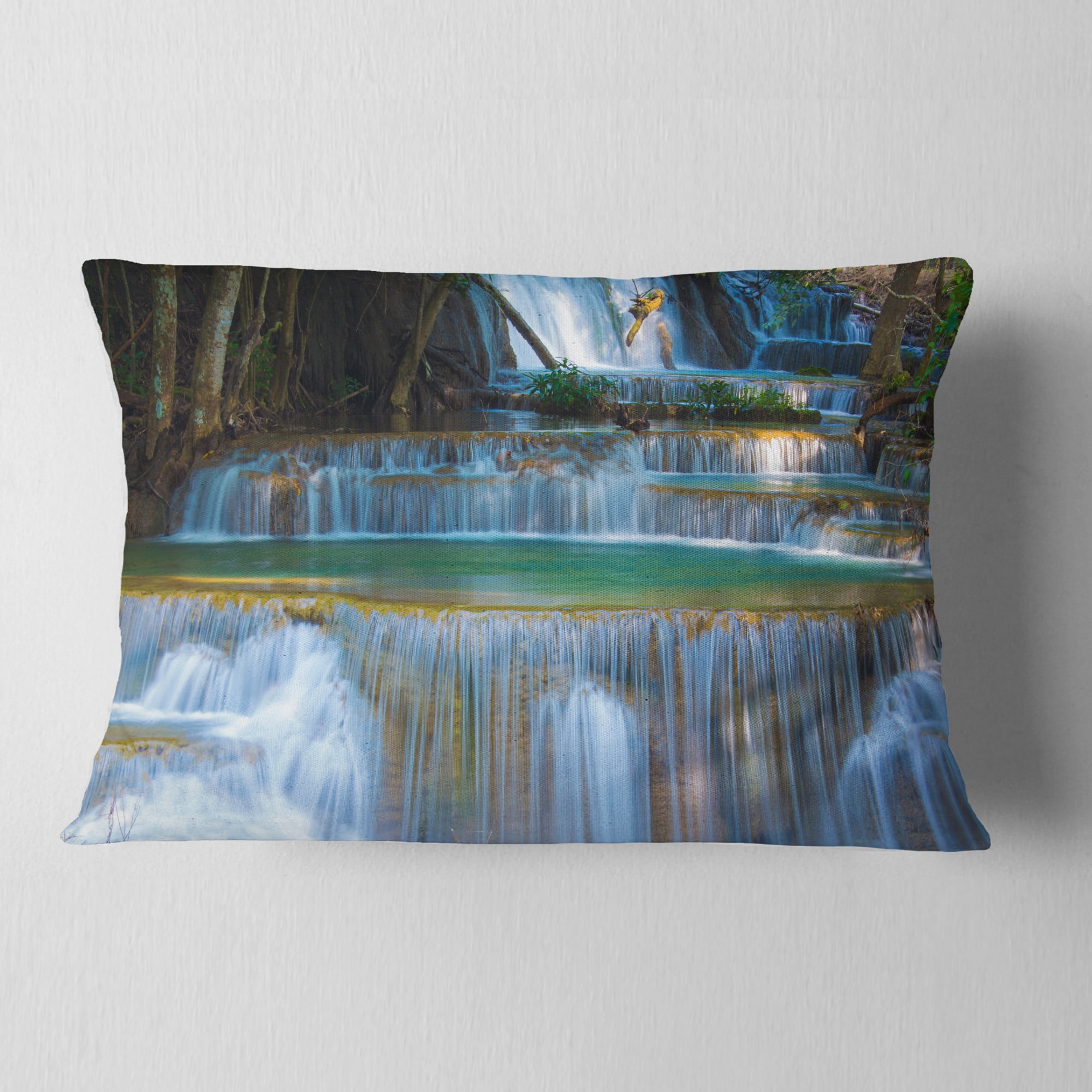 Designart Deep Forest Waterfall Thailand - Landscape Photography Throw Pillow - 12x20