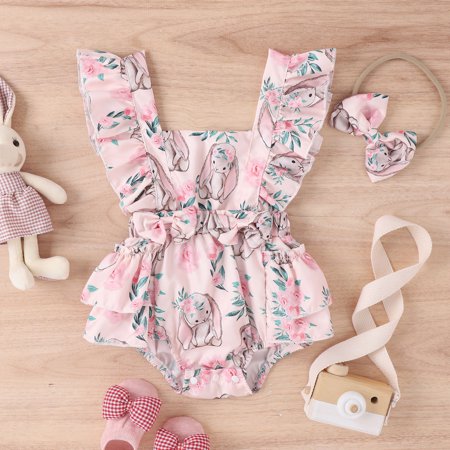 

NIUREDLTD Toddler Girls Easter Sleeveless Cartoon Rabbit Prints Cute Romper Bodysuit For Babys Clothes With Headbands
