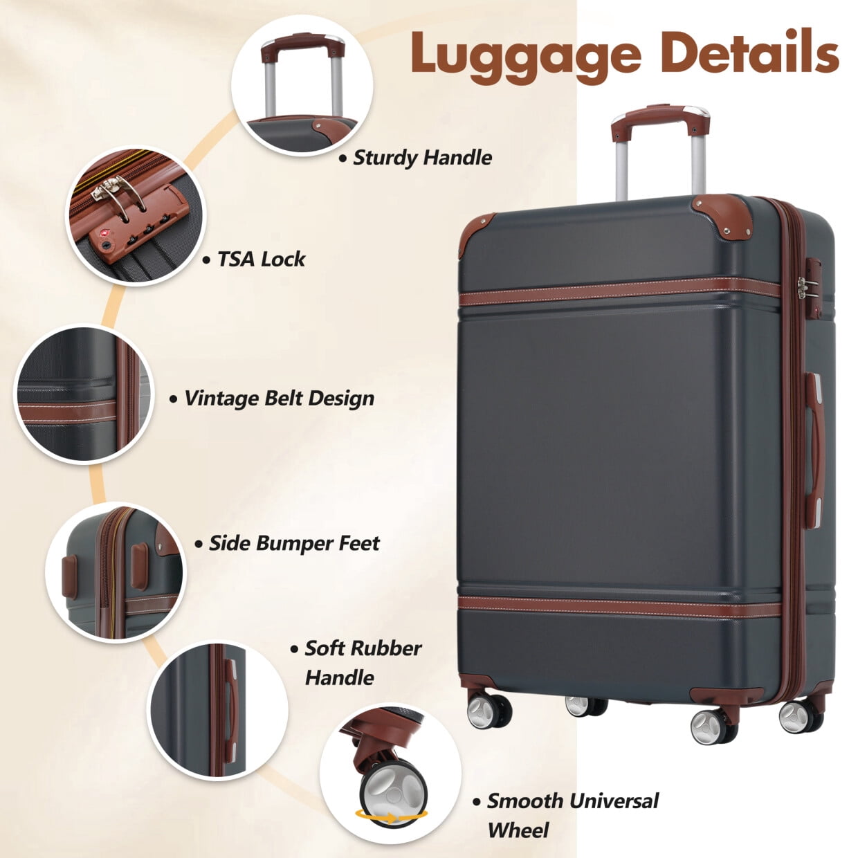 Hardshell Luggage Sets 3 Piece with Telescopic Handle, 24" Lightweight Suitcase with Double Spinner Wheels and Lock, Vintage Luggage for Travel, Black
