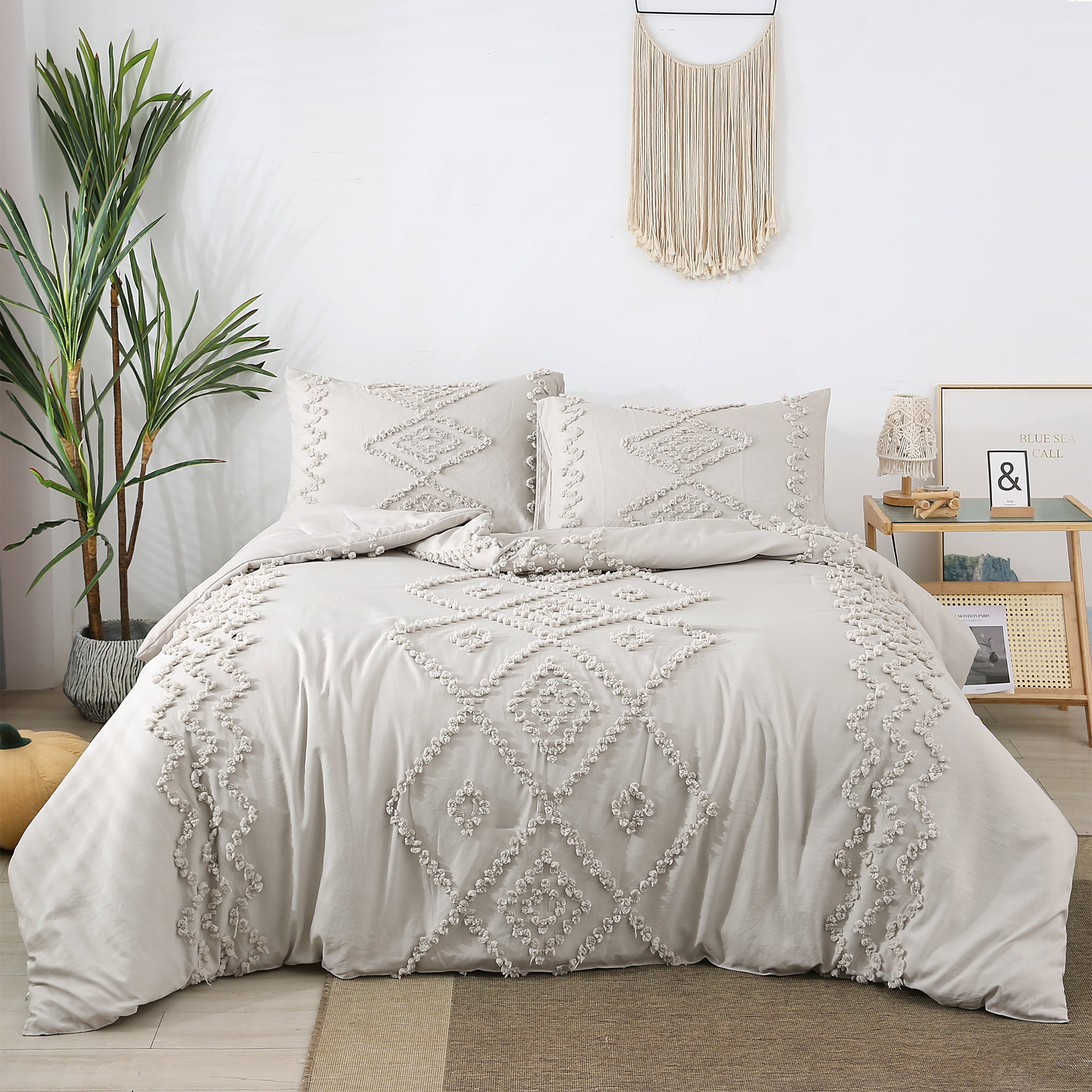 PERFEMET Beige Gray Jacquard Comforter Set, 3 Pcs Soft Microfiber