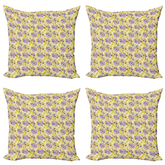 Ambesonne Floral Throw Pillow Cover 4 Pack, Nostalgic Spring Flowers, 16", Multicolor