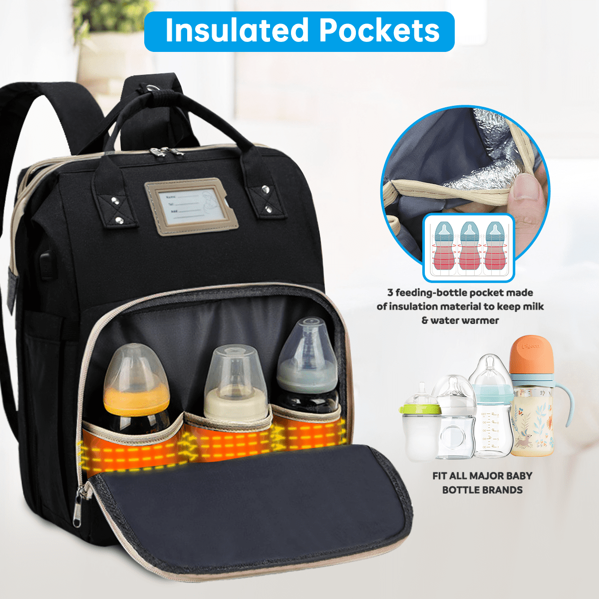 Diaper Bag Backpack, Multifunctional Baby Changing Bag with Foldable Crib & Insulated Milk Bottle Pocket, Large Capacity Travel Backpack with USB Charging Port & Stroller Strap (Black)
