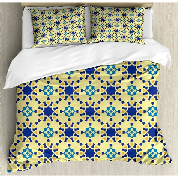Ethnic Duvet Cover Set, Moroccan Ceramic Motif with Persian Folk Effects Antique Design, Decorative 3 Piece Bedding Set with 2 Pillow Shams, King Size, Violet Blue Yellow, by Ambesonne