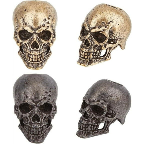 4Pcs 2 Colors Skull Paracord Beads Brass European Beads Skull Spacer Beads Large Hole Beads 6mm Hole Paracord Beads Knife Lanyard Bead Skeleton Beads for Bracelet DIY Jewelry Charms Making