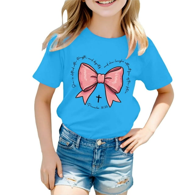 NINGMENG Hauts et T-Shirts pour Filles Tout-Petits Été Imprimé Nœud Papillon Col Rond Manches Courtes T-Shirts Décontractés Amples Usage Quotidien, Bleu, 4-5 Ans