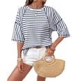 thumbnail image 2 of Womens Summer Tops Striped Color Block Short Sleeve T Shirts Oversized Casual Crewneck Tee Blue S, 2 of 4