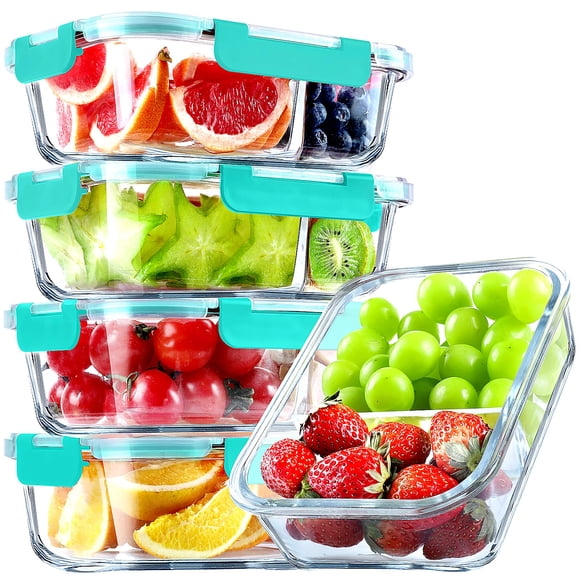 VERONES Juego de 5 Contenedores de Vidrio para Preparación de Comidas de 36oz con Cierre Hermético