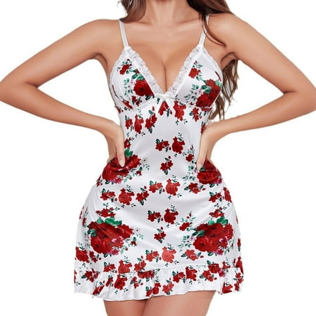 Tao Tao Camisole For Women Satin Nightgown Lace Babydoll Silk Sleepwear Mini Nightdress Valentine s Day Rose Suspender Jumpsuit White L