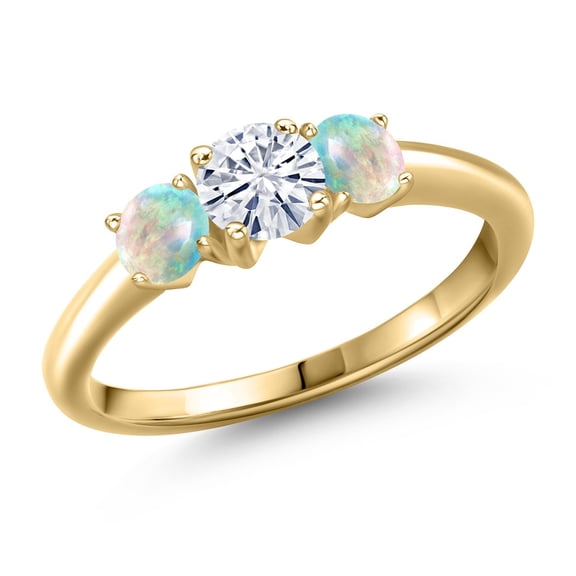 Gem Stone King 10K Yellow Gold White Moissanite and Simulated White Opal Engagement Ring for Women | 1.00 Cttw | Round 5MM | Gemstone Birthstone | Size 5