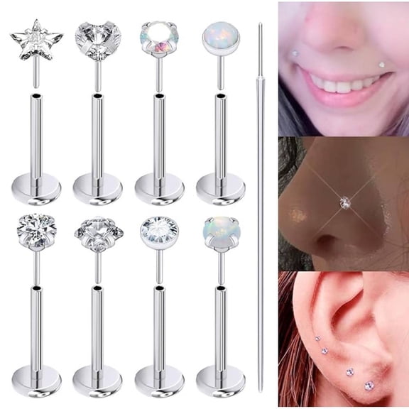 Threadless Nose Rings Stud 20G 18G 16G Flat Back Nose Stud Surgical Steel Push In Nose Rings Opal Heart CZ Hypoallergenic Nose Piercing