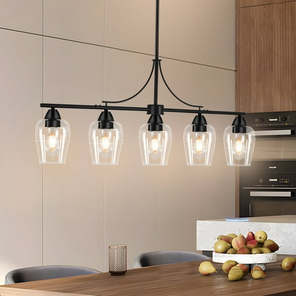 Uznhty Linear Chandeliers for Dining Room Island Lights for Kitchen with Clear Glass Shade for Living room Height Adjustable 36inch Black