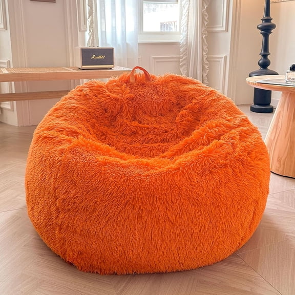 YANTONG Faux Fur Comfy Bean Bag Cover (No Filler), Fluffy Stuffed Animal Storage Bean Bag Chair Cover for Bedroom Home Decor, Furry Fuzzy Big Gaming Bean Bag Cover for Adults Kids, Anti-slip, Orange