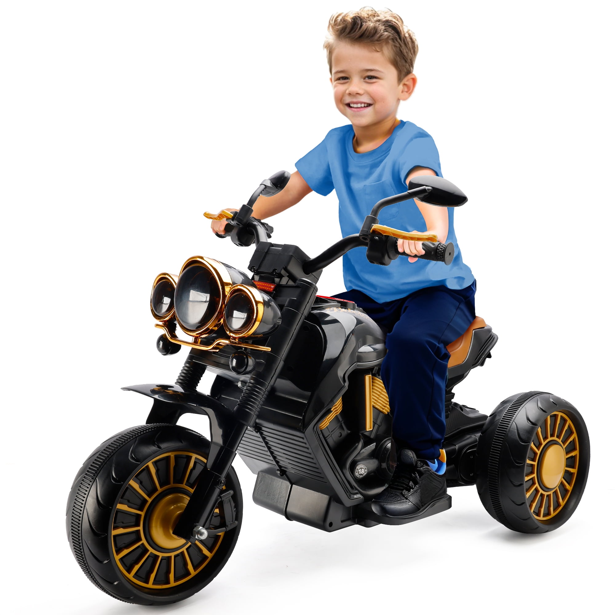 Bruce&Shark Kids Electric Motorcycle Ride On Toy, 3-Wheel Chopper, Dual Drive Battery Powered Motorbike for Kids 1-8 years Boys Girls