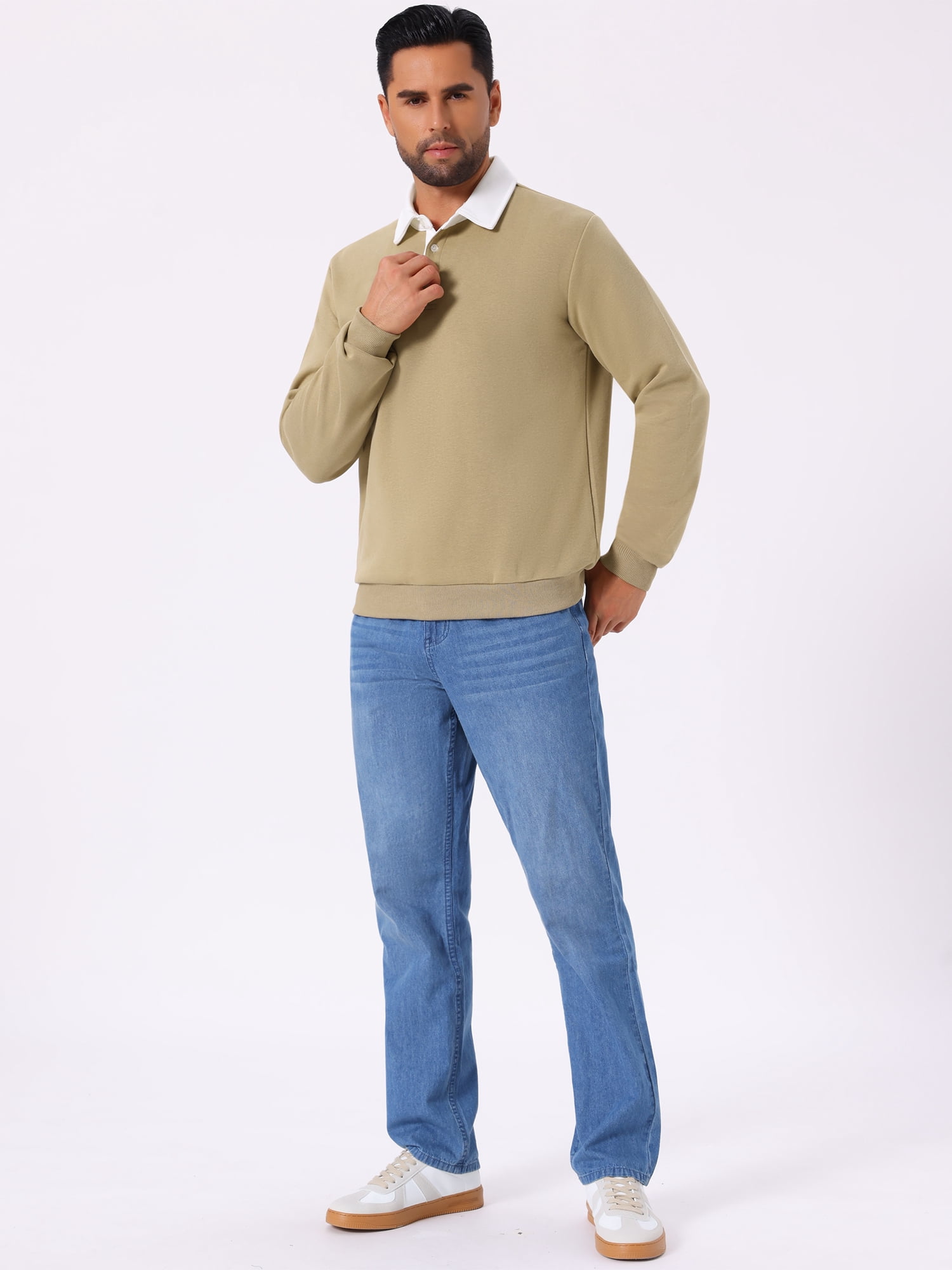 DARING DIVA Men's Contrast Collared Long Sleeves Pullover Polo Sweatshirt XL Khaki