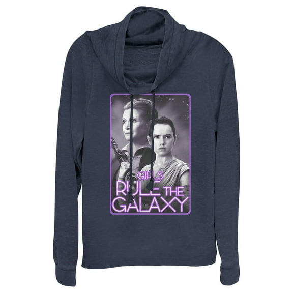 Junior's Star Wars The Force Awakens Leia and Rey Rule the Galaxy  Cowl Neck Sweatshirt Navy Blue X Small