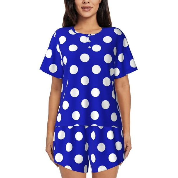 Fotbe Blue And White Polka Dot Conjunto de Pijama Estampado para Mujer, 2 Piezas, Ropa de Dormir con Camiseta de Manga Corta y Shorts Suaves-Medium