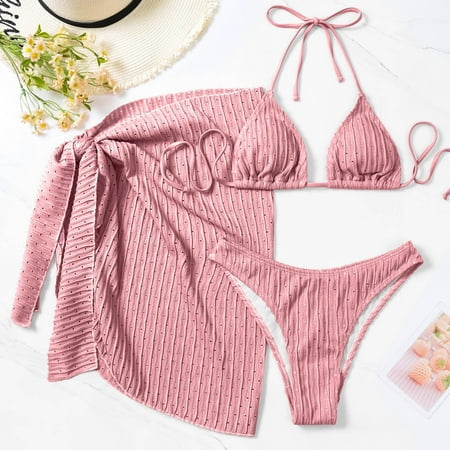 Aobny Casual Swimsuit Sets for Women s 3 Piece Pink with Skirt Swim Sets Thong Halter Bikinis Seamless Tops S