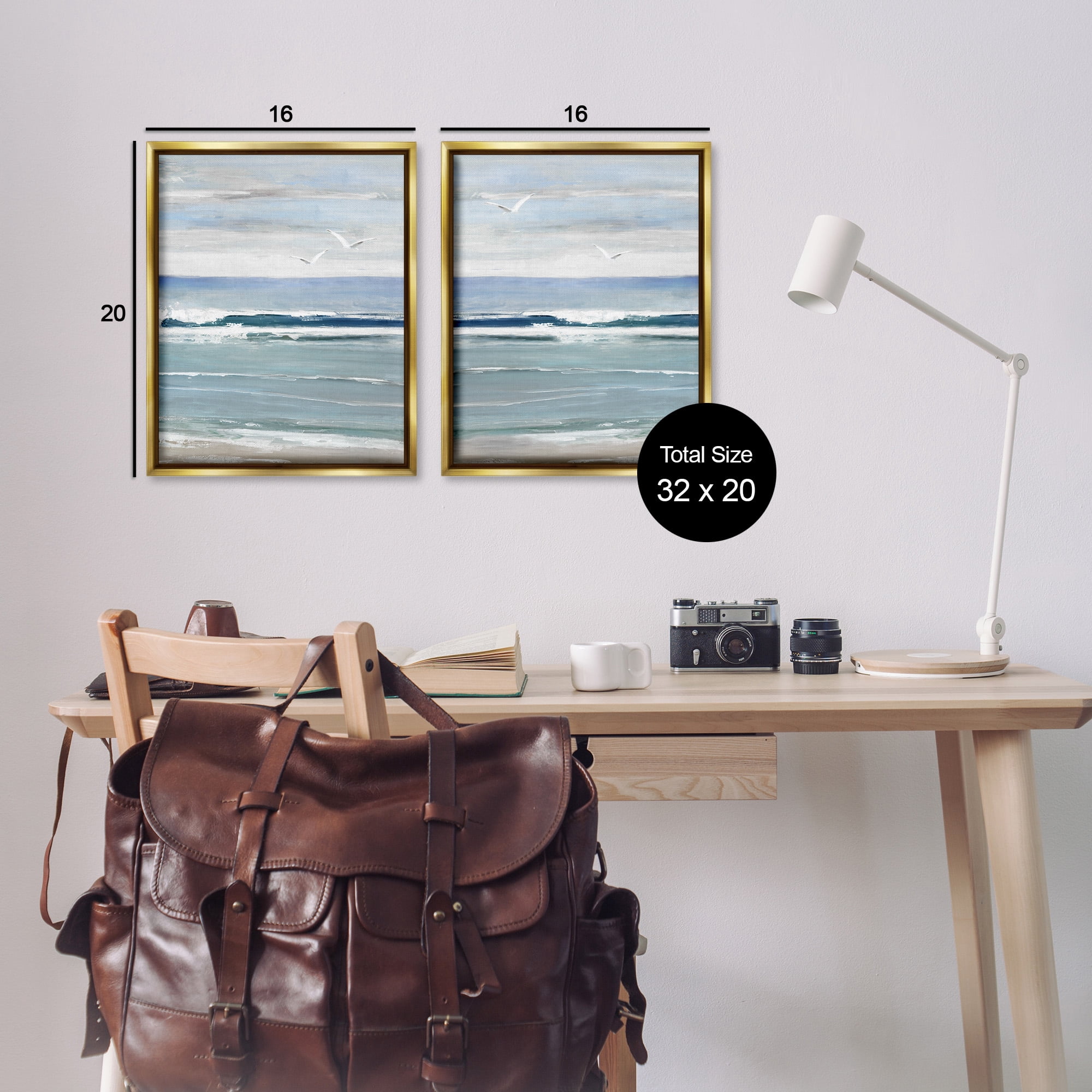 Stupell Industries Seagulls over Beach Waves Landscape Painting Gold Floater Framed Canvas Art Print Wall Art, 17 x 21, Set of 2
