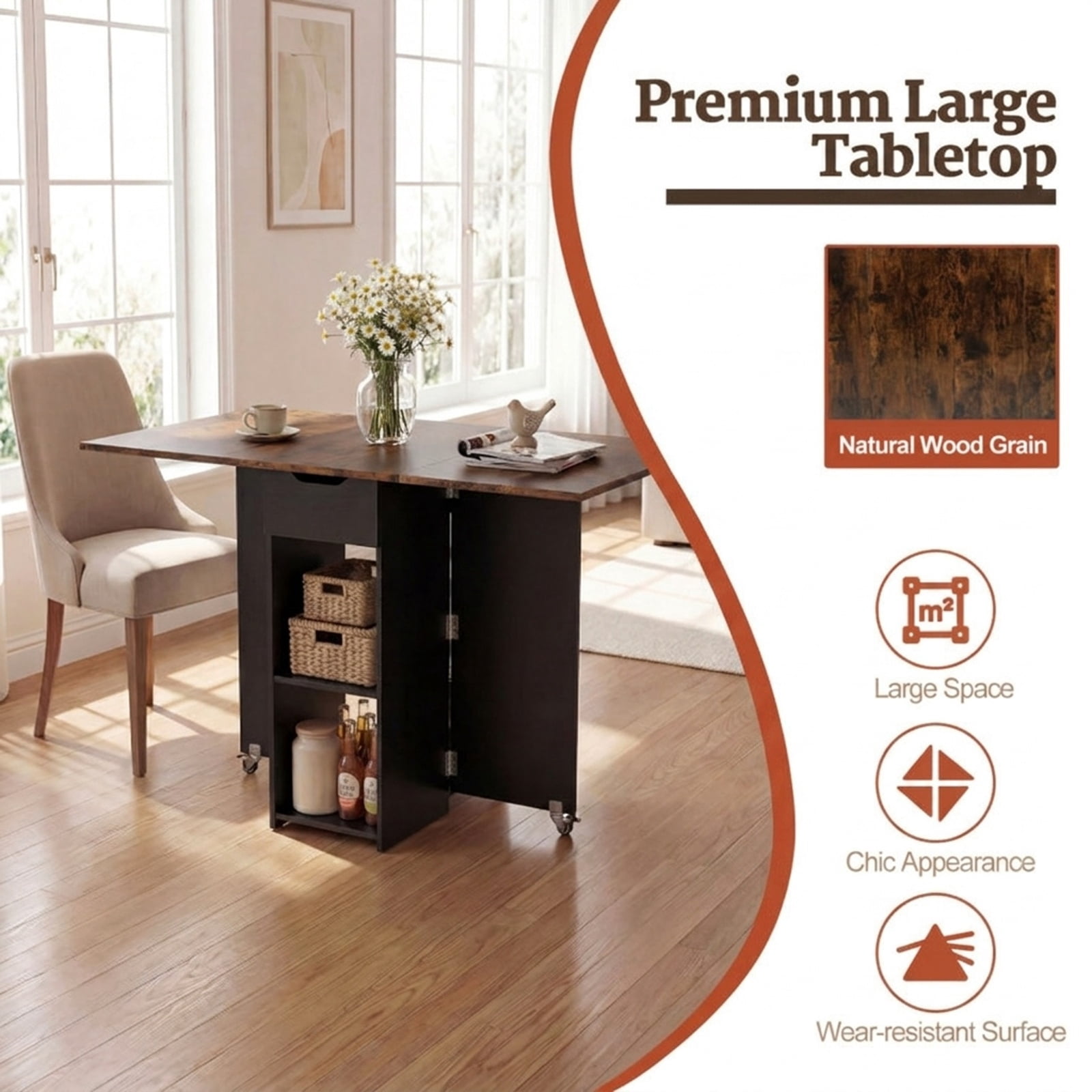 Furnibear 47.5 Inch Farmhouse Extendable Drop Leaf Dining Table with Drawer Two Shelves and Lockable Wheels for Kitchen, Rustic Brown