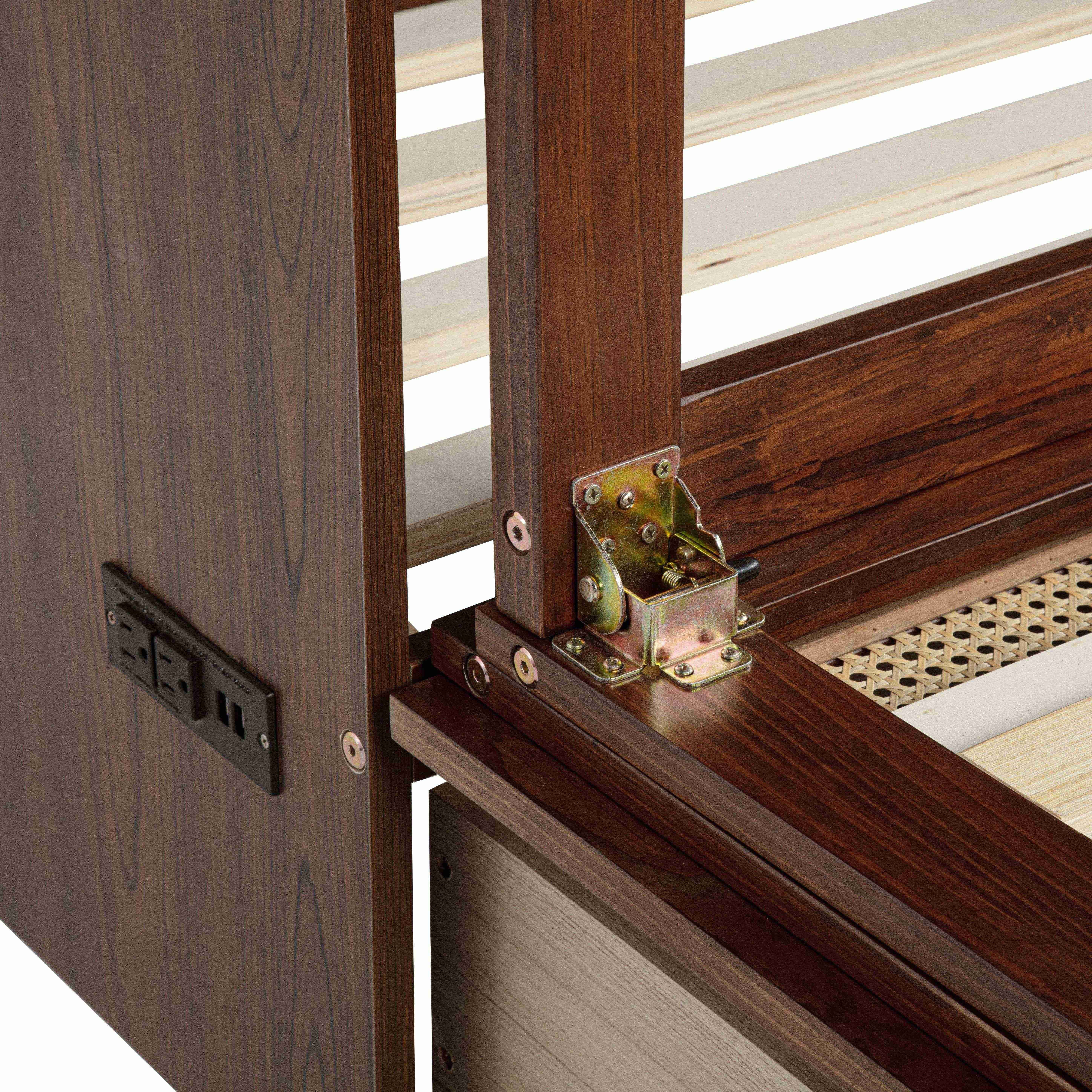 Alvantor Queen Size Murphy Bed with Drawer and Power Stations, Space-Saving Cabinet Bed with Rattan, Walnut