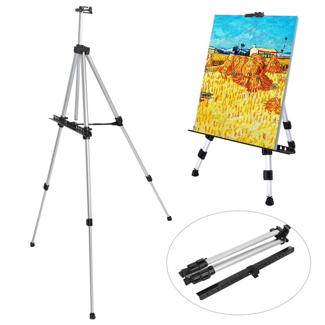 Herwey Display Easel Stand, an adjustable silver metal easel with telescopic tripod legs, shown in a standing configuration. Made of lightweight aluminum, it includes a collapsible design for portability. The set features a plastic scraper combo and a carrying bag. Ideal for art displays, painting, office presentations, and posters. A close-up inset highlights the folded easel components.