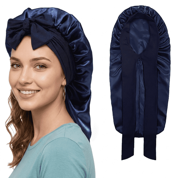 ROSEXIXI 1Pcs Navy Blue, Satin Bonnet for Sleeping, Long Stretchy Satin Hair Cap with Tie, Silky Hair Wrap Night Head Cover for Curly Natural Hair