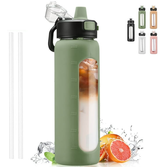 MUKOKO 24oz Glass Water Bottle with Straw and Lid, Silicone, Drinking Glasses Proof with Marker, Olive