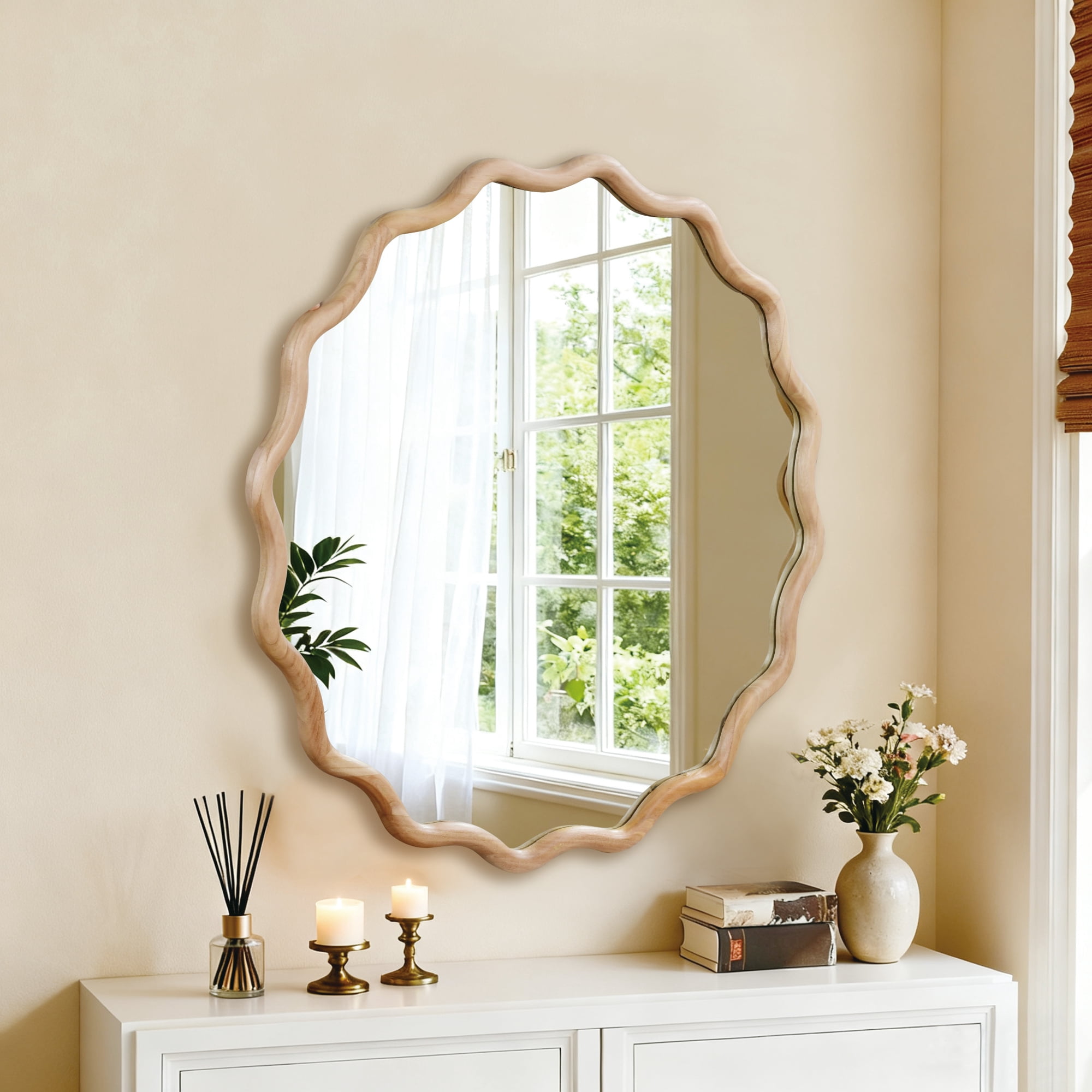 Leumius 36" Wavy Round Mirror, Solid Wood Frame Decorative Mirror for Bedroom Bathroom Living Room Entryway Natural