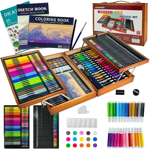 KINSPORY 180Pcs Art Supplies, Deluxe Wooden Art Set Crafts Drawing Painting Coloring Kit, Coloring Book, Sketch Pad, Gift for Artist Beginners Kids Girls Boys - Brown